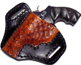 Smith & Wesson Holster, J Frame Revolver, Tooled Leather Open Carry OWB Pancake Holster, Right or Left Handed