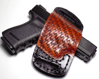 Glock 19 / 23 / 32 Leather Holster, Open Carry OWB Canted Pancake Holster, Open Muzzle, Right or Left Handed