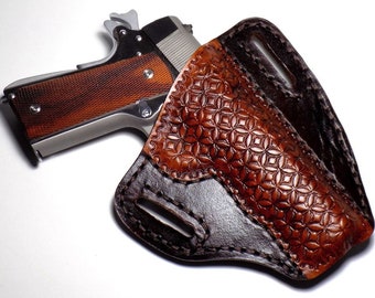 1911 Tooled Leather Holster, Brown Geometric Open Carry OWB Canted .45 ACP Pancake Holster, Right or Left Handed