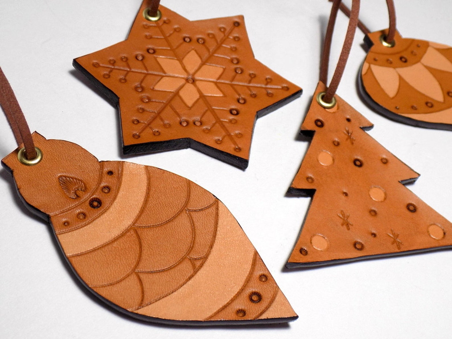 Festive Leather Ornaments Set of 4 Christmas Tree Snowflake Etsy