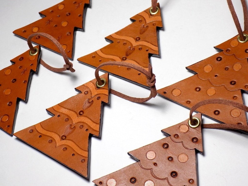 Leather Tree Ornaments Set of 6 Hand Tooled Hanging Ornament Etsy