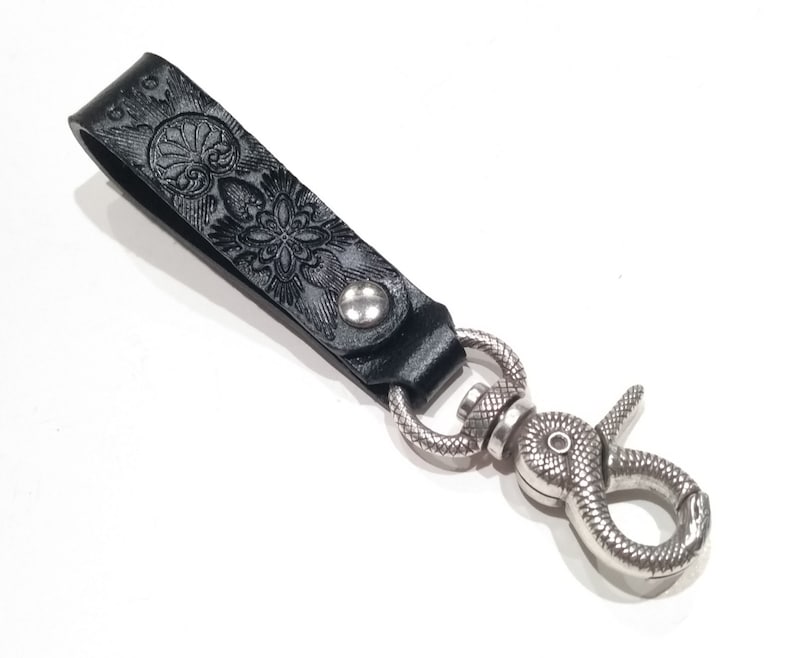 Leather Ouroboros Snake Boho Keychain, Black Belt Clip Lanyard Key Fob image 5