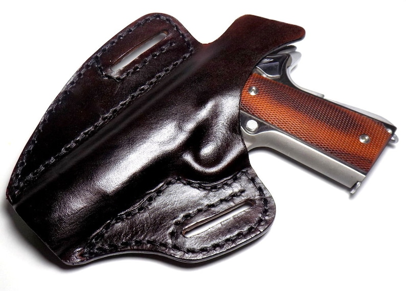 1911 Leather Holster, Brown Woven Basketweave Open Carry OWB Canted Pancake Holster, .45 ACP, Right or Left Handed image 2