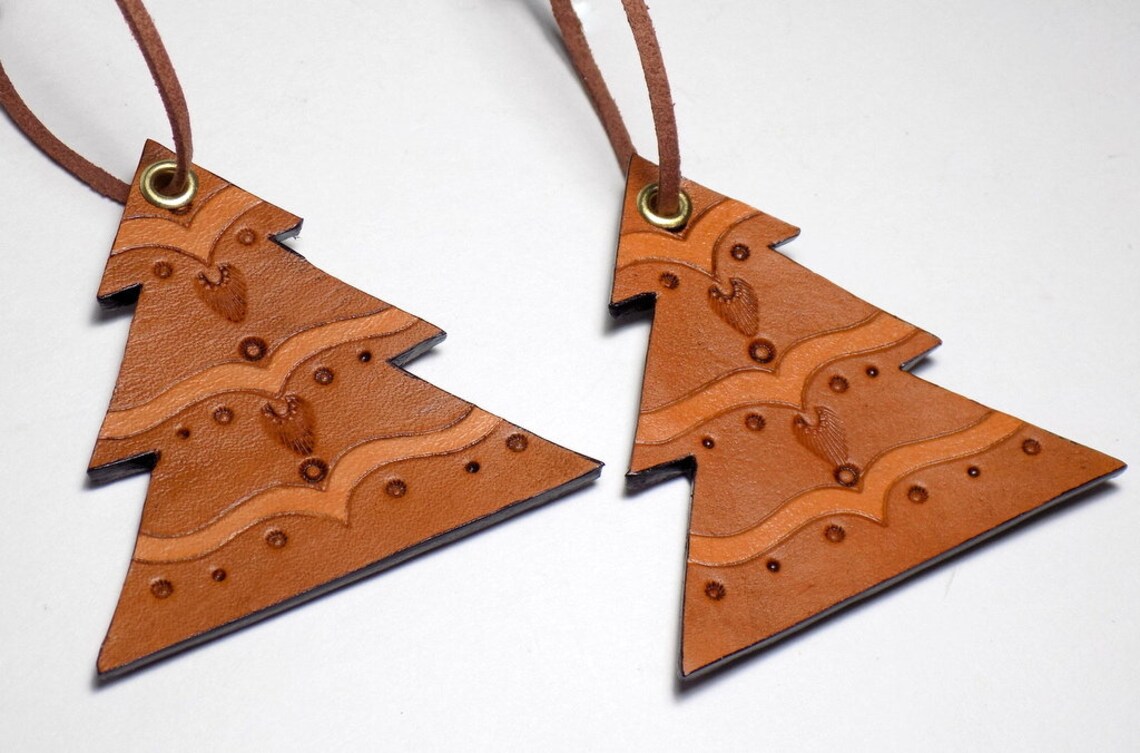 Leather Tree Ornaments Set of 6 Hand Tooled Hanging Ornament Etsy