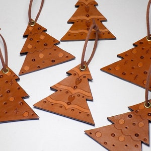 Leather Tree Ornaments Set of 6, Hand Tooled Hanging Ornament Set ...