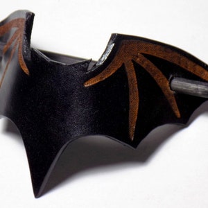 Leather Bat Barrette, Black Bat Hair Slide, Wooden Hair Stick, Halloween pin image 4