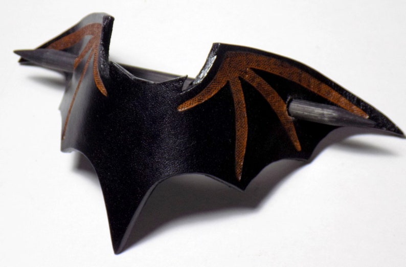 Leather Bat Barrette, Black Bat Hair Slide, Wooden Hair Stick, Halloween pin image 4