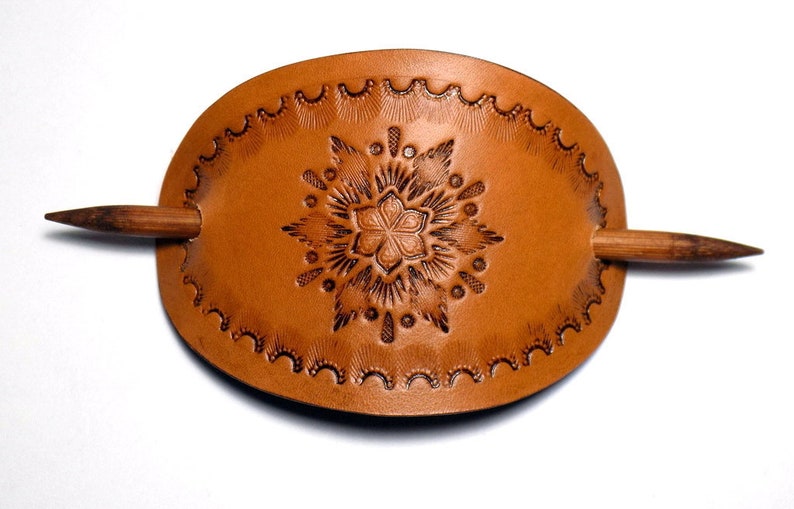 Boho Leather Hair Slide, Floral Oval Barrette, Tooled Southwestern Style, Wooden Hair Stick image 1