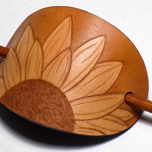 Leather Sunflower Barrette, Boho Floral Leather Oval Hair Slide, Wooden Hair Stick image 2