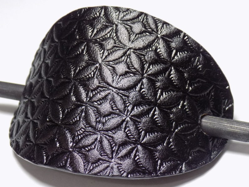 Geometric Leather Barrette Black Tooled Leather Oval Hair Slide Wooden Hair Stick