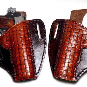 1911 Leather Holster, Brown Woven Basketweave Open Carry OWB Canted Pancake Holster, .45 ACP, Right or Left Handed image 9