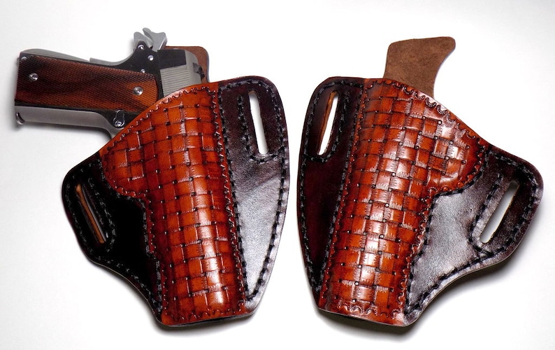 1911 Leather Holster, Brown Woven Basketweave Open Carry OWB Canted Pancake Holster, .45 ACP, Right or Left Handed image 9