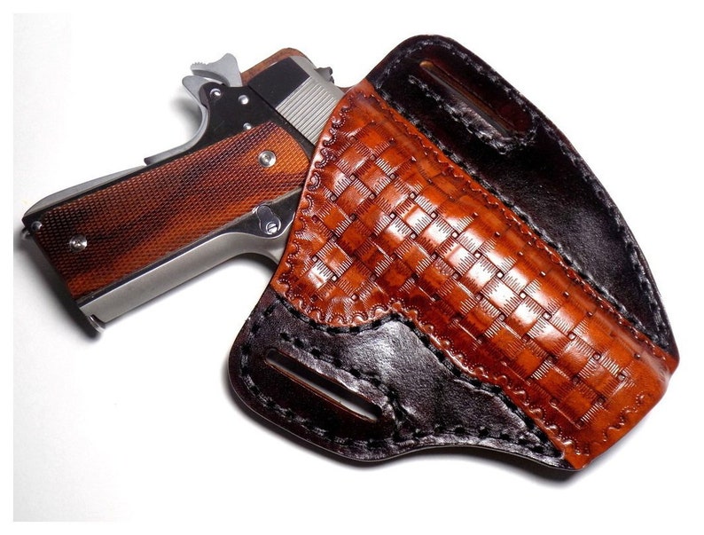 1911 Leather Holster, Brown Woven Basketweave Open Carry OWB Canted Pancake Holster, .45 ACP, Right or Left Handed Right Handed