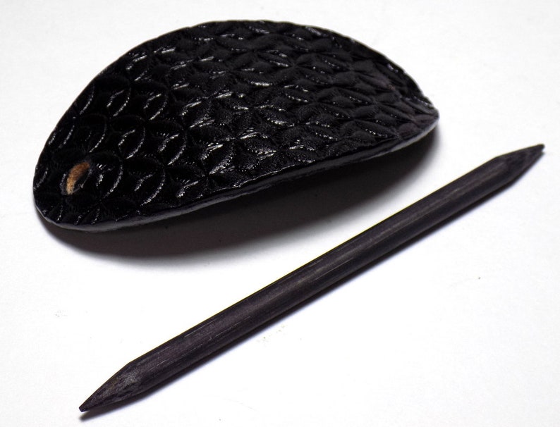 Geometric Leather Barrette Black Tooled Leather Oval Hair Slide Wooden Hair Stick
