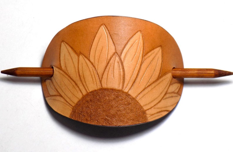 Leather Sunflower Barrette, Boho Floral Leather Oval Hair Slide, Wooden Hair Stick image 1