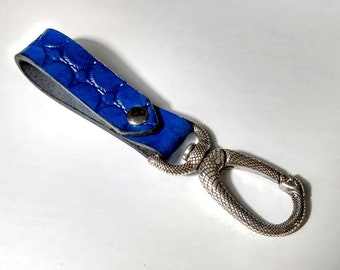 Ouroboros Snake Carabiner Keychain, Blue Southwestern Leather Lanyard, Belt Clip Key Fob