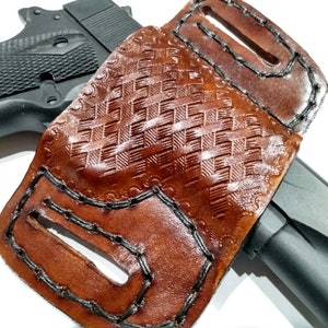 1911 Leather Holster, Brown Basketweave Open Carry OWB Canted Pancake Holster, .45 ACP, Open Muzzle, Right or Left Handed image 3