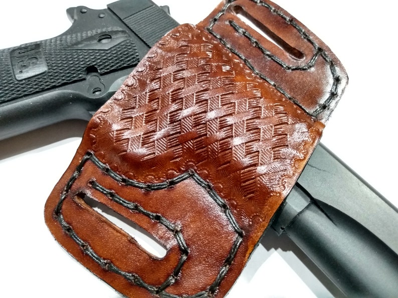 1911 Leather Holster, Brown Basketweave Open Carry OWB Canted Pancake Holster, .45 ACP, Open Muzzle, Right or Left Handed image 3