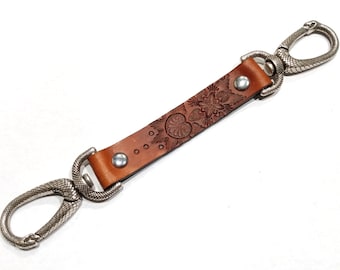 Boho Ouroboros Snake Double Carabiner Keychain, Leather Lanyard, Belt Clip Key Fob