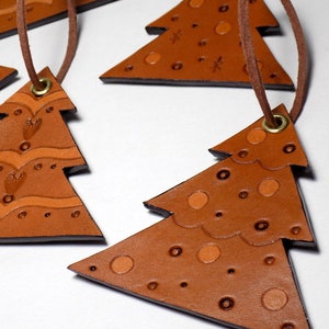 Leather Tree Ornaments Set of 6, Hand Tooled Hanging Ornament Set ...