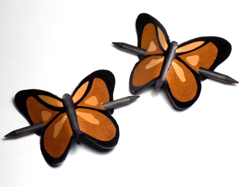 Tooled Leather Barrette with Wooden Hair Stick Leather Butterfly Hair Slide Third Anniversary Gift