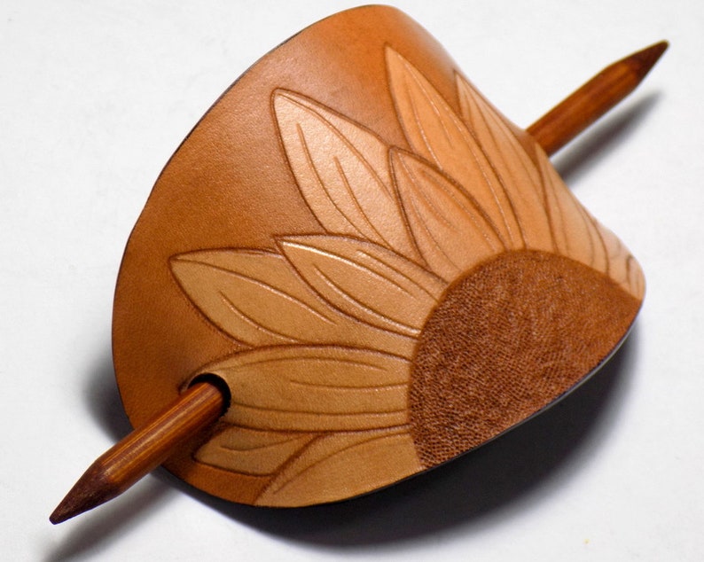 Leather Sunflower Barrette, Boho Floral Leather Oval Hair Slide, Wooden Hair Stick image 5