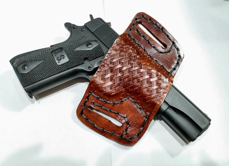 1911 Leather Holster, Brown Basketweave Open Carry OWB Canted Pancake Holster, .45 ACP, Open Muzzle, Right or Left Handed image 1