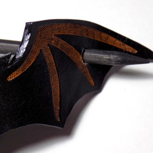 Leather Bat Barrette, Black Bat Hair Slide, Wooden Hair Stick, Halloween pin image 5