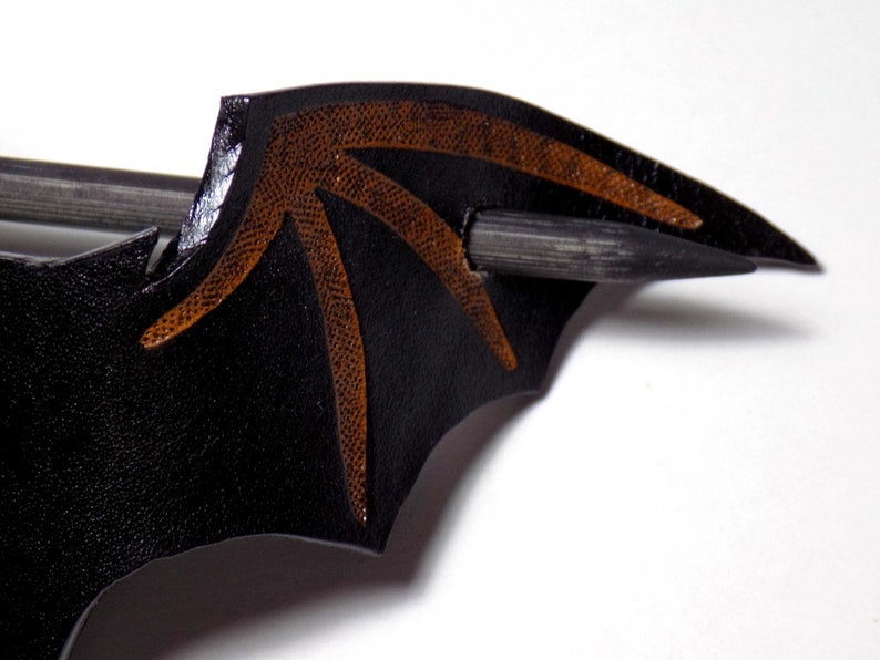 Leather Bat Barrette, Black Bat Hair Slide, Wooden Hair Stick, Halloween pin image 5