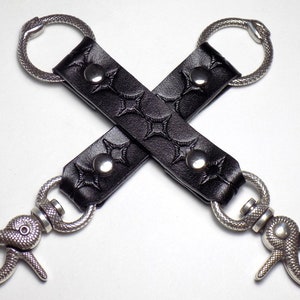 Leather Double Ouroboros Keychain, Black Infinity Snake Clip Key Fob with O Ring Detail