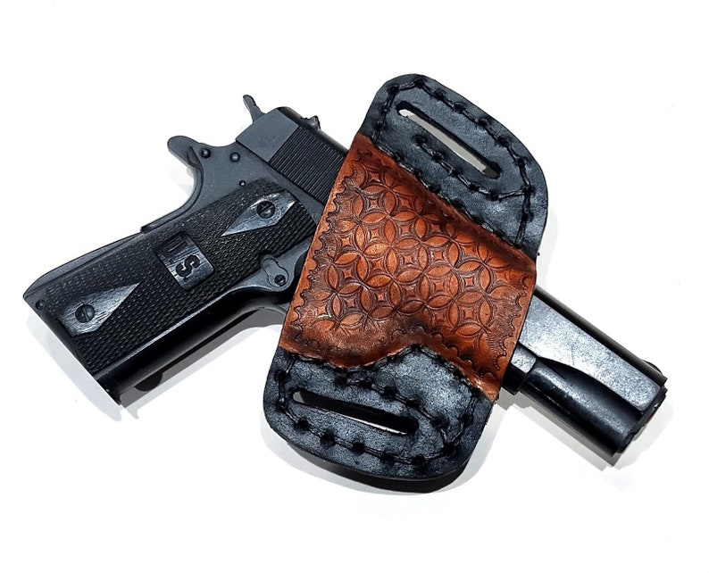 1911 Leather Holster, Tooled Open Carry OWB Canted Pancake Holster, .45 ACP, Open Muzzle, Right or Left Handed image 1