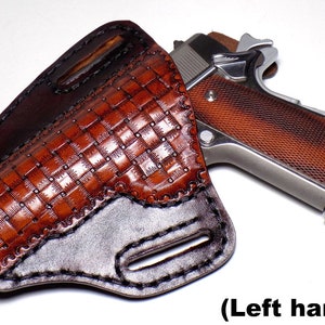 1911 Leather Holster, Brown Woven Basketweave Open Carry OWB Canted Pancake Holster, .45 ACP, Right or Left Handed Left Handed