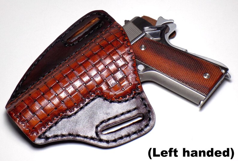 1911 Leather Holster, Brown Woven Basketweave Open Carry OWB Canted Pancake Holster, .45 ACP, Right or Left Handed Left Handed