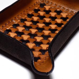 Leather Valet Tray, Geometric Tri-Weave Pattern, Ombre Neutral Browns, Rectangle image 3