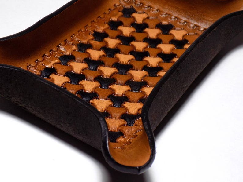 Leather Valet Tray, Geometric Tri-Weave Pattern, Ombre Neutral Browns, Rectangle image 3