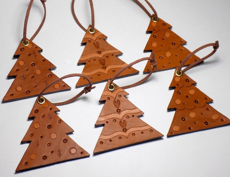 Leather Tree Ornaments Set of 6 Hand Tooled Hanging Ornament Etsy