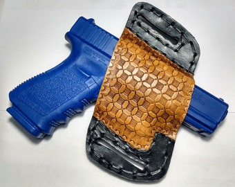 Glock 19 / 23 / 32 Tooled Leather Holster, Open Carry OWB Canted Pancake Holster, Open Muzzle, Right or Left Handed