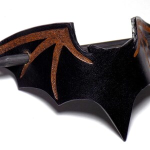 Leather Bat Barrette, Black Bat Hair Slide, Wooden Hair Stick, Halloween pin image 3