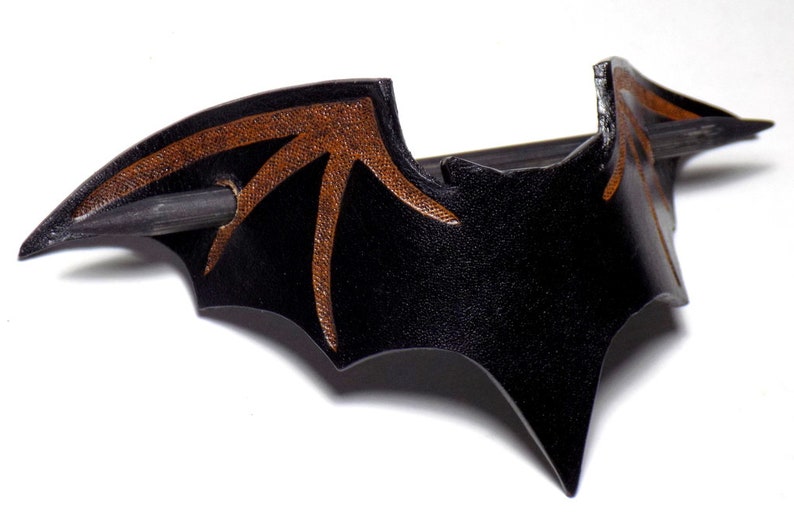 Leather Bat Barrette, Black Bat Hair Slide, Wooden Hair Stick, Halloween pin image 3