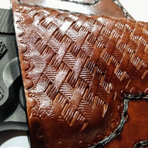 1911 Leather Holster, Brown Basketweave Open Carry OWB Canted Pancake Holster, .45 ACP, Open Muzzle, Right or Left Handed image 5