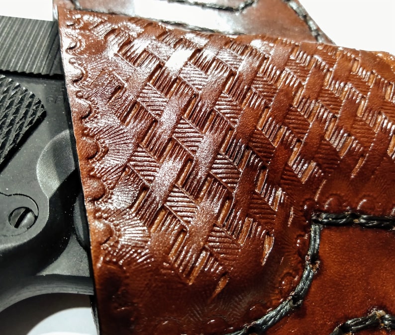 1911 Leather Holster, Brown Basketweave Open Carry OWB Canted Pancake Holster, .45 ACP, Open Muzzle, Right or Left Handed image 5