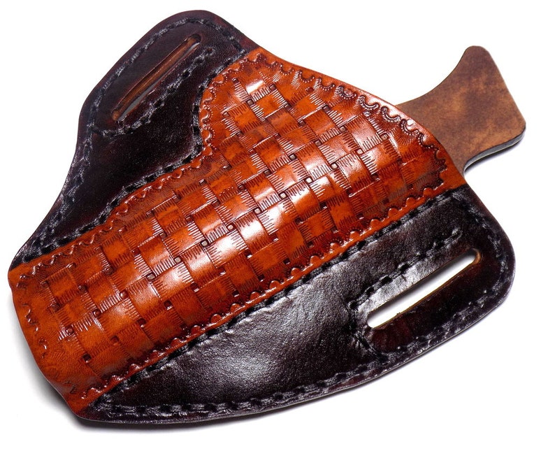 1911 Leather Holster, Brown Woven Basketweave Open Carry OWB Canted Pancake Holster, .45 ACP, Right or Left Handed image 5