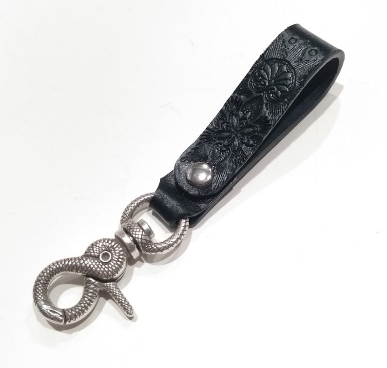 Leather Ouroboros Snake Boho Keychain, Black Belt Clip Lanyard Key Fob image 1