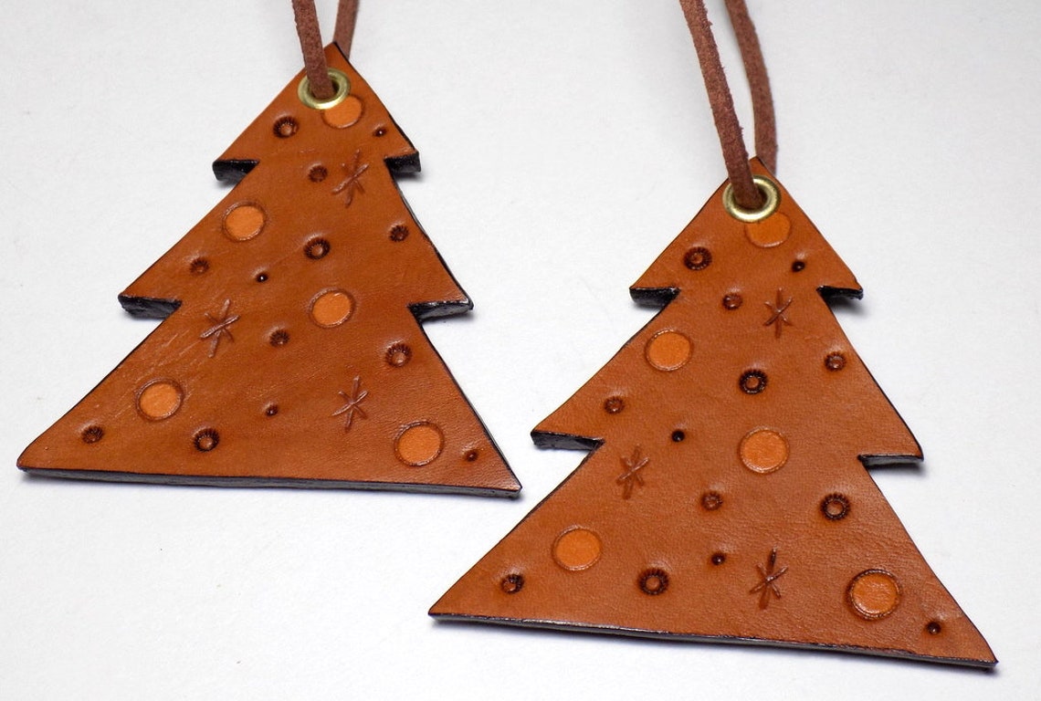 Leather Tree Ornaments Set of 6 Hand Tooled Hanging Ornament Etsy