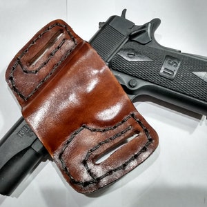 1911 Leather Holster, Brown Basketweave Open Carry OWB Canted Pancake Holster, .45 ACP, Open Muzzle, Right or Left Handed image 4