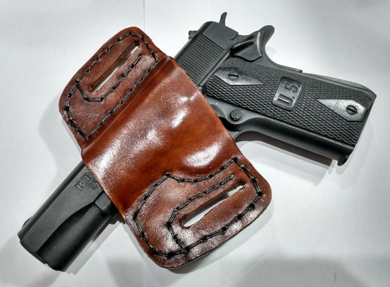 1911 Leather Holster, Brown Basketweave Open Carry OWB Canted Pancake Holster, .45 ACP, Open Muzzle, Right or Left Handed image 4