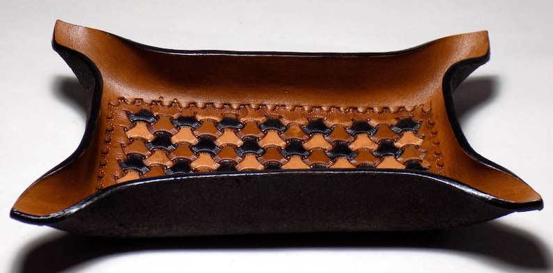 Leather Valet Tray, Geometric Tri-Weave Pattern, Ombre Neutral Browns, Rectangle image 4