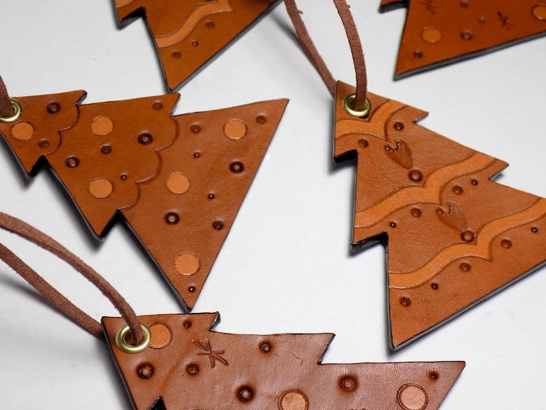 Leather Tree Ornaments Set of 6 Hand Tooled Hanging Ornament Etsy