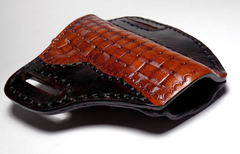 1911 Leather Holster, Brown Woven Basketweave Open Carry OWB Canted Pancake Holster, .45 ACP, Right or Left Handed image 6