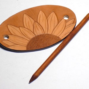 Leather Sunflower Barrette, Boho Floral Leather Oval Hair Slide, Wooden Hair Stick image 9